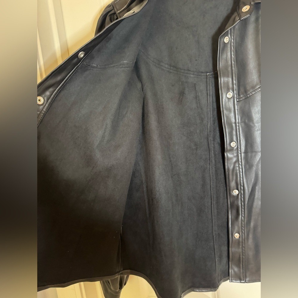 Zara Black Vegan Leather button up‎ blouse puff long sleeve, Medium - Picture 5 of 8